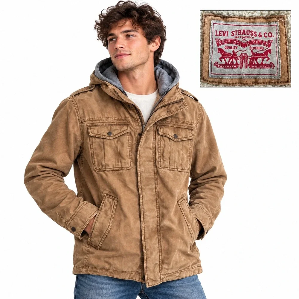 Levis Field Jacket Men L Brown Military Sherpa Lined Hooded Canvas Utility Coat